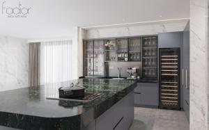 China Modern U-Shaped Grey Stainless Steel Kitchen Cabinet With Marble Finish factory