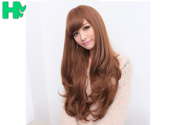 Free Wig CatalogsBrown Color Long Synthetic Wigs For Party , Synthetic Hair Wigs