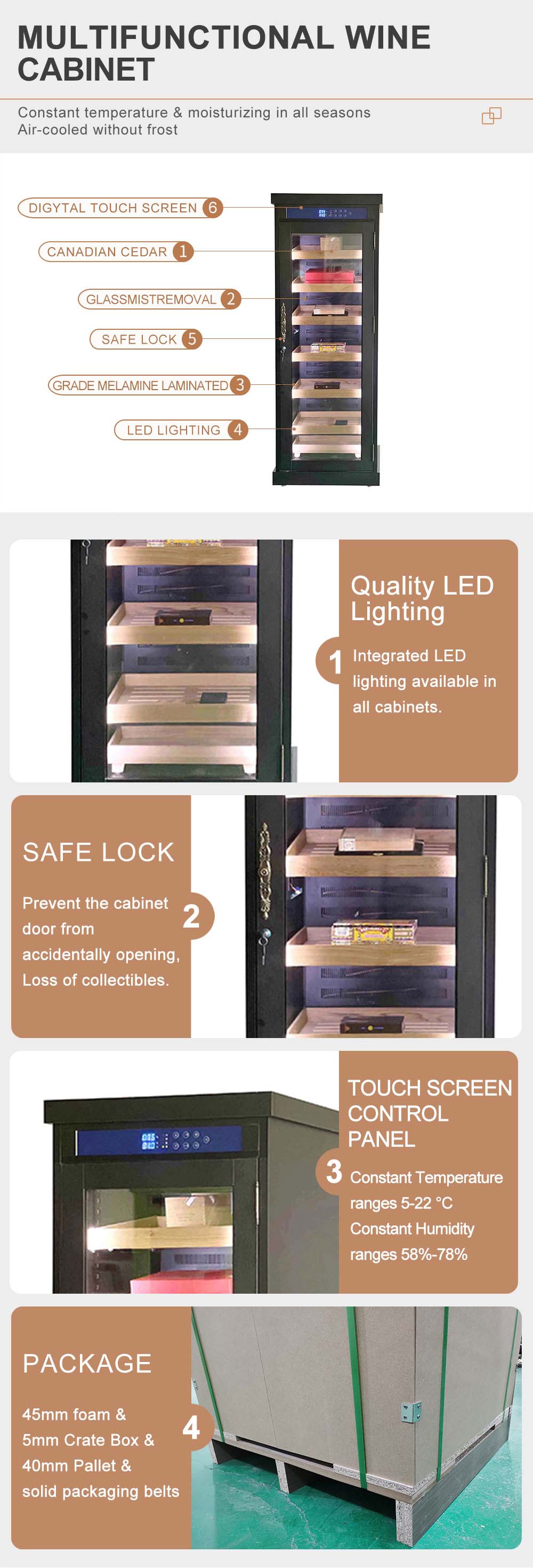 Free Standing Touch Control Constant Temperature Electric Cigar Cooler Cabinet