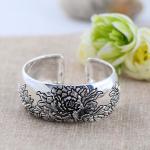Retro Vintage 925 Sterling Silver Wide Cuff Bracelet Engraved Flower (XH042025)