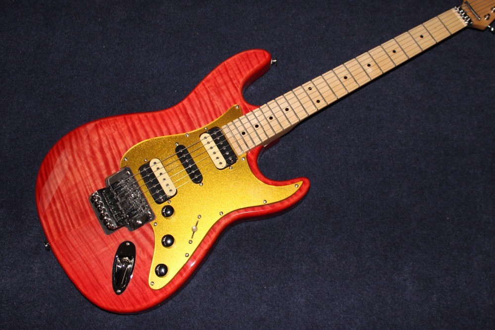 New Top quality , red Tiger Flame Electric Guitar Solid Basswood Body strato Maple Fingerboard caster Steel String