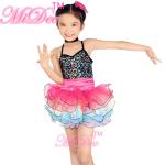 Rainbow Kids Dance Clothes Curly Hem Skirt Sequin Tiered Dress Back Straps Cross