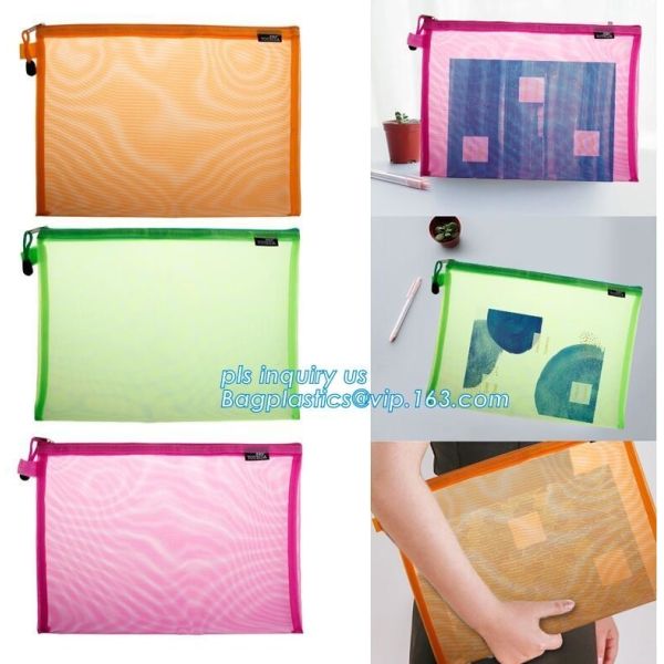 China OEM mesh plastic A4 file bag with zipper, net netting document bag pouch, customized PEVA coated net polyester fabric fo factory