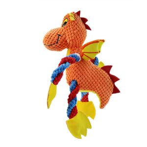 Cute Dragon Squeaky Plush Dog Toy With 5 Squeakers & Crinkle Paper, Rope Chew
