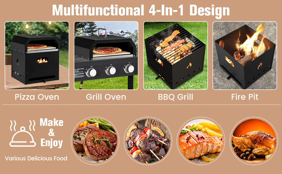 Steel 4 In 1 Outdoor Pizza Oven with 2-Layer Charcoal Firewood Pellets and Pizza Stone