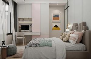 China Warm Girl Pink Bedroom Wardrobe Closets With Desk And Open Door factory