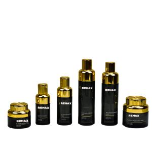 China 50g 100g 30ml 50ml 100ml 120ml Refillable Lotion Serum Container Gold-plated Threaded Lid Black Glass Bottle Jar Set factory