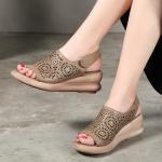 S476 Leather Handmade Velcro Casual Women'S Sandals High Heel Retro Thick Bottom