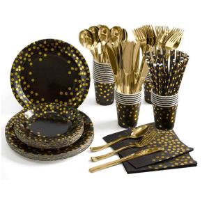 China 10 PCS Gold Black Tea Birthday Party Paper Plates And Cups Napkins Disposable factory