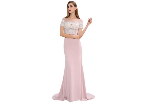 Pink Tight Long Arabic Wedding Party Dresses Short Sleeve U - Neck With