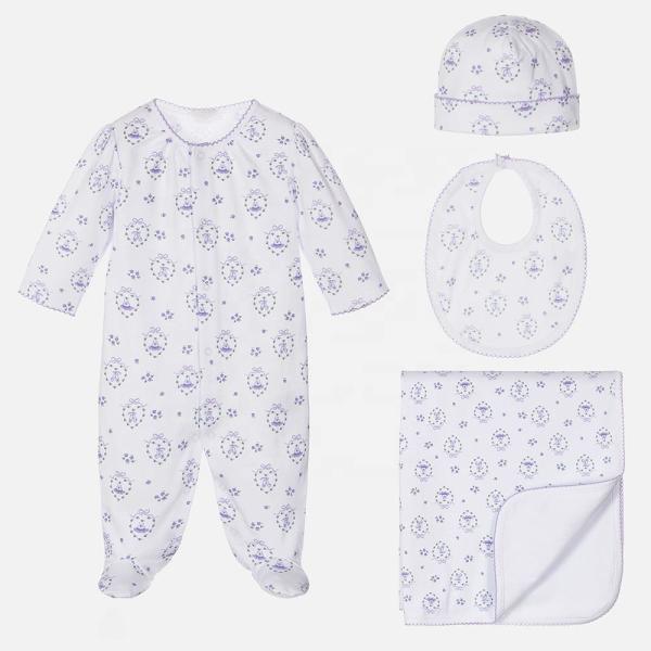 Newborn gift set organic cotton infant toddler rompers / hat / bib / blanket