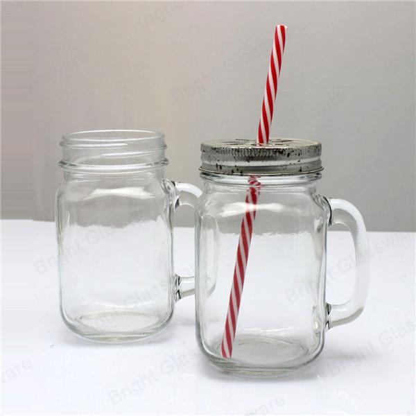 16oz Glass Mason Jar With Handle and Metal Lid in Straws