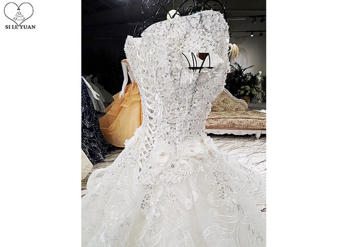 Beaded Off Shoulder White Wedding Gown Colorful Flowers Back Bandage Long Tail