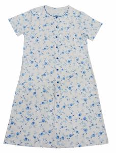 China Ladies Cotton Jersey Blue Floral Printed Button Through Nightdress Sleepwear with Blue Piping Button Satin Bows factory