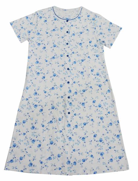 Ladies Cotton Jersey Blue Floral Printed Button Through Nightdress Sleepwear
