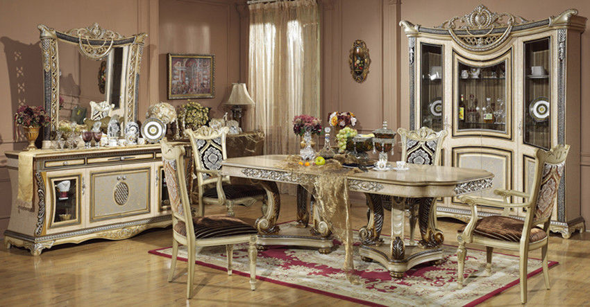 6 Chairs Carved Flower Dinning Room Set