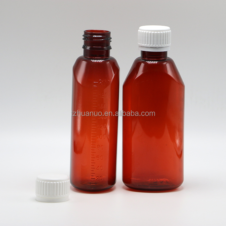 200ml Oval Amber Prescription Pharmacy PET Liquid Medicine Container with Lid and Scale