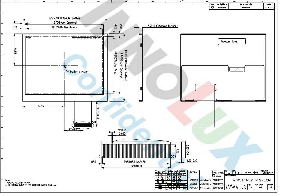 200nits TFT LCD Display Innolux 5.6 Inch 50 Pin 640X480 Anti Glare