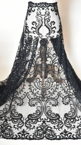 Black Floral Embroidery Alencon Lace Fabric With Beads , Ivory Wedding Lace