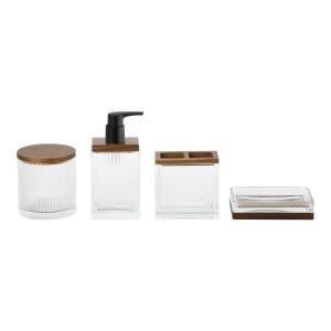 China Glass Bathroom Accessories Set Wood Pump Ribbed Vertical Stripe Soap Dispenser Tumbler factory