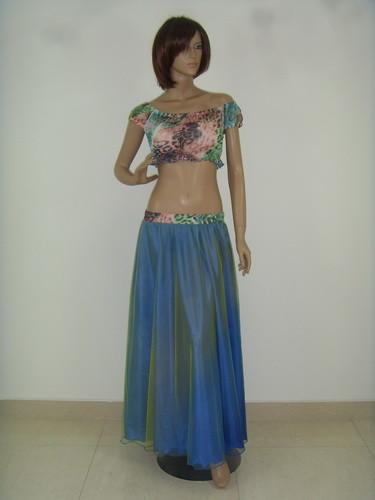 Performance Belly Dancing Clothes Harem Floral Plain Neckline Bra Illusion Blue