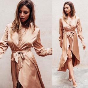 China Fall Women Clothing Sexy Deep V Neck Satin Wrap Dress factory