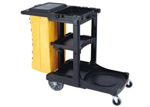 China Black Plastic Cleaning Cart with 3 Shelves and Yellow Vinyl Bag 4'' Non - Marking Casters and 8&quot; Rear Wheels factory