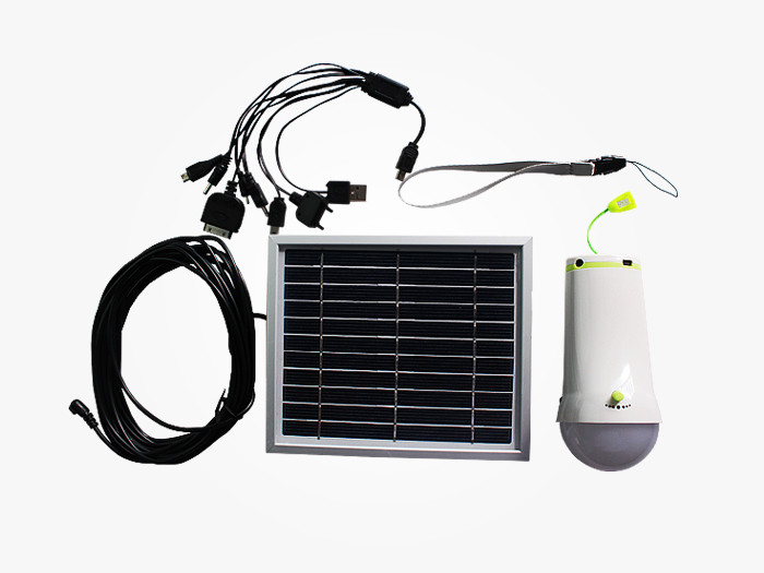 solar Power lamps 5W with 2pcs LED bulbs high lumens , 4 in one mobile charging cable
