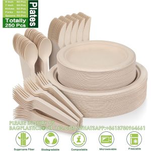 Compostable Paper Plates Set With Extra Long Utensils, Sugarcane Fibers