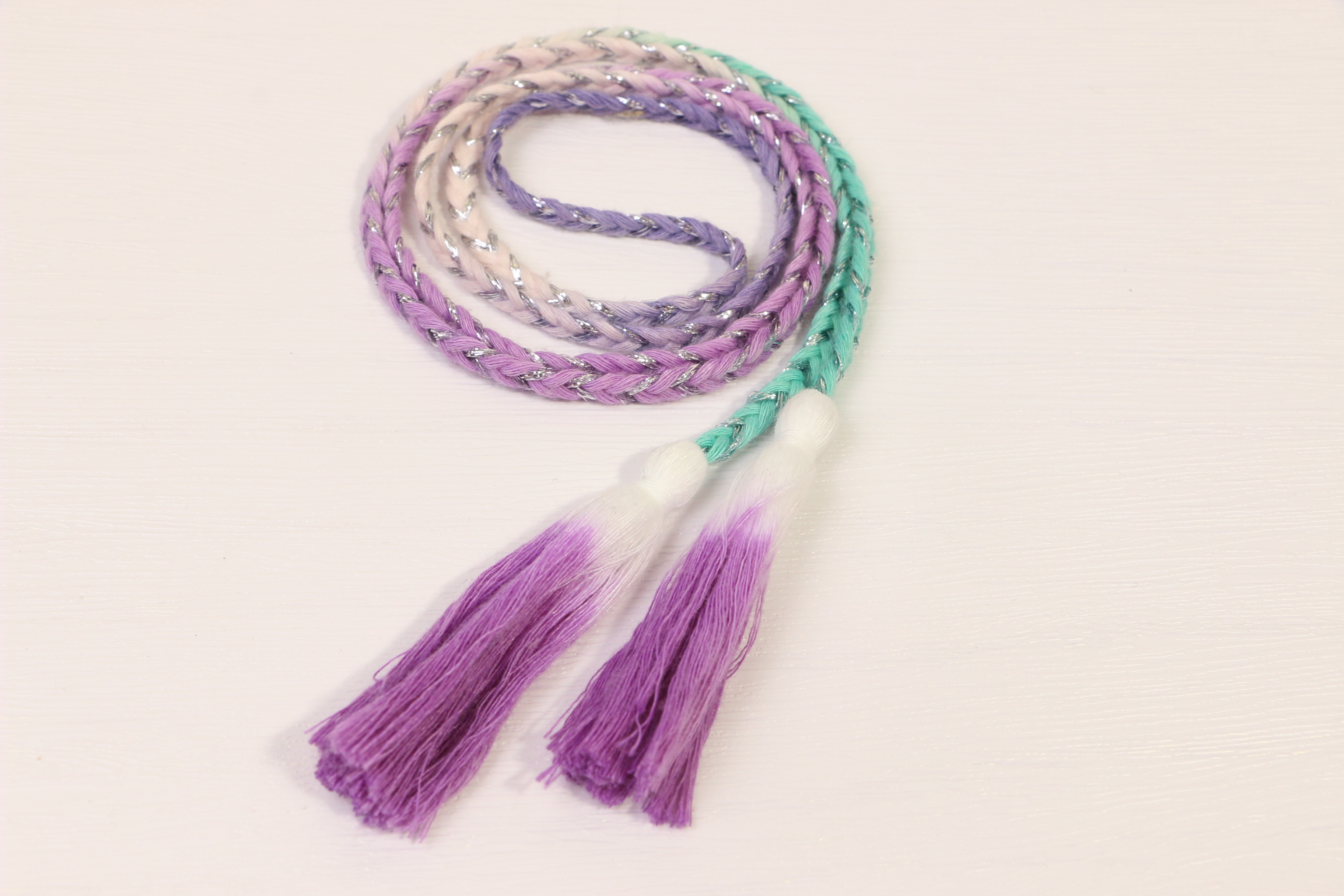 Dip Dyed Gradient Multi Color Composite Drawcord With Silver Metallic Thread