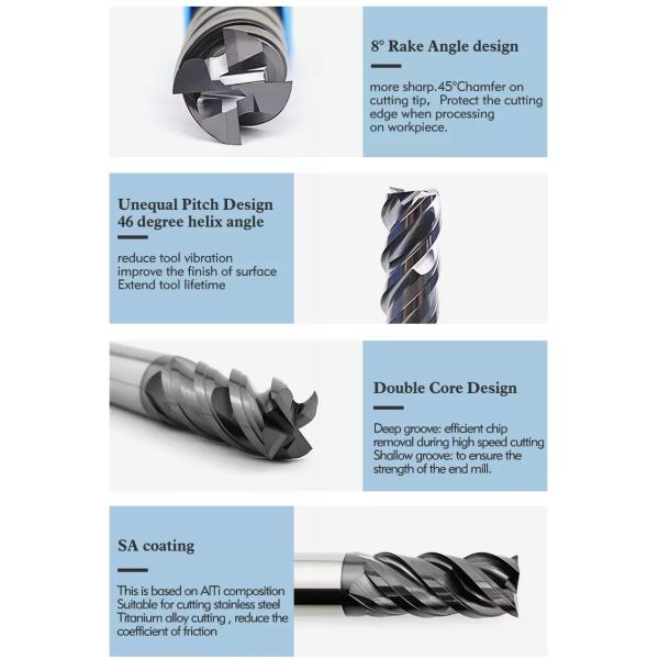 Tungsten Steel Milling 4 Flute End Mill / 6mm 8mm 12mm Cutter End Mill For Stainless Steel