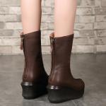 S030 Women's boots round toe thick-soled cowhide mid-tube simple women's wedge