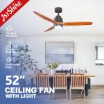52 Inch Real Wood Blades Copper/Metal/Wood LED Ceiling Fan with Natural Light