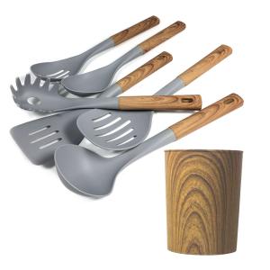 China Silk Printing or Debossed Logo Luxurious Wood Handle Gray Cooking Kitchen Utensils Set factory