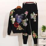 High Quality Sequins Flower Long-Sleeved Knitwear Sweater Casual Pants 2 Piece
