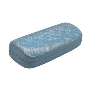 China Bluish Purple Eyewear Packaging 155MM Clamshell Sunglass Case Embossed Logo Metal Glasses Case factory