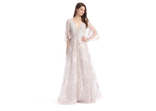V - Neck Petite Evening Dresses , See Through Long Sleeves Elegant Evening