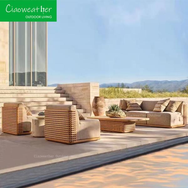 Outdoor Foam Cushion Water-Resistant Fabric Hotel Luxury Teak Outdoor Sofa Set