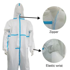 China En14126 OEM Disposable Hooded Coveralls With White Microporous Film And Blue Strip factory