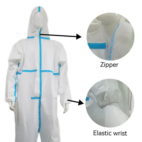 En14126 OEM Disposable Hooded Coveralls With White Microporous Film And Blue