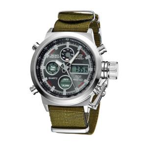 China Mens Sport Style Stainless Steel Caseback Watches , Dual Time Digital Analog Watch With Nylon Strap factory