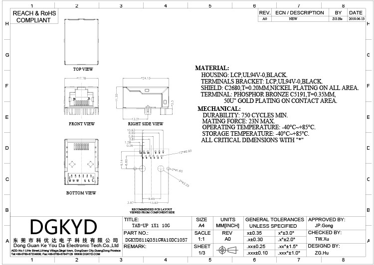 DGKYD811Q351GWA10DC1057 10G Rj45 Network Connector 8P8C Female Connector With Shrapnel Rj45 Modular Block Socket