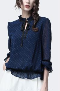 China Polyester Fashion Ladies Blouse Chiffon Pullover Long Ruffle Sleeve For Autumn Season factory