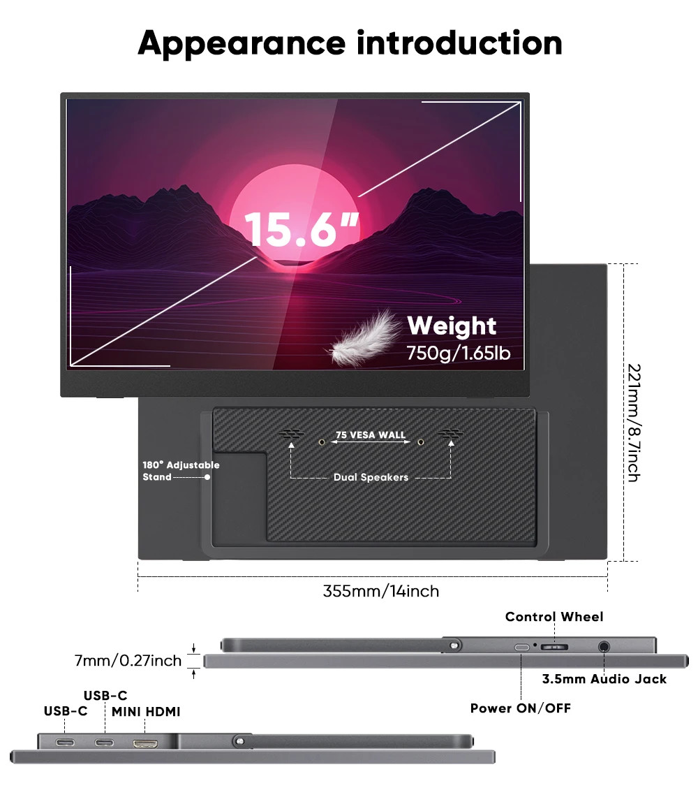 18.5inch Portable Dual Monitor For Laptop 300 Cd/M² Enhanced Screen Expansion
