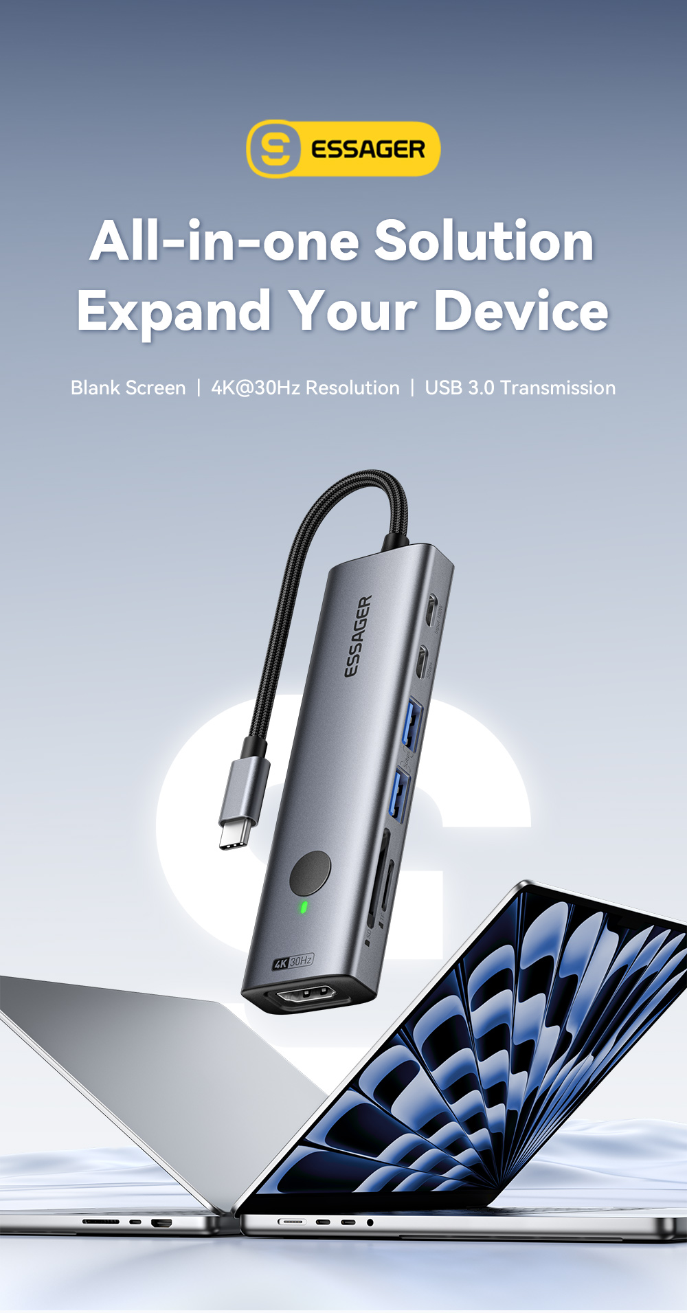 ESSAGER ES-HB03 Series 7 in 1 USB-C USB-A SD TF Port 3.0 Best USB Port Hub