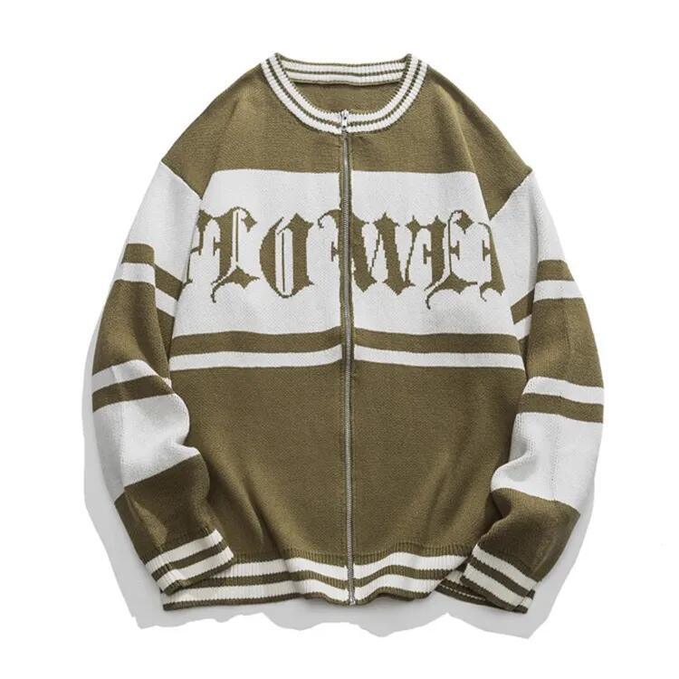 Men&prime;s Knitted Zipper Cardigan Partial Jacquard Letter Craft Pocket Long Sleeve Knitted Coat Sweaters