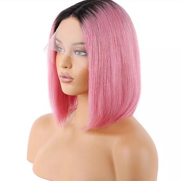 Short Bob 13x4 Lace Front Wig Human Hair Wig Ombre Pink Straight Wig Natural