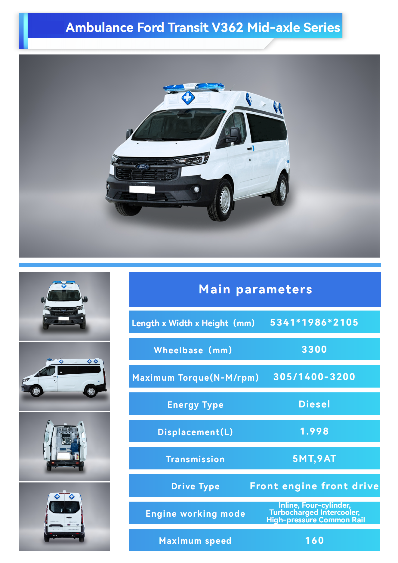 Ford Medical Direct Supply Ambulance Type 2 4x4 Van Rescue Vehicle for Patient Transport Diesel Fuel Rear Track 1704mm