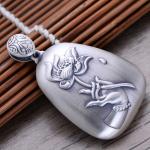 Women Engraved Sutra Flower Sterling Silver Drop Pendant Necklace Buddhist
