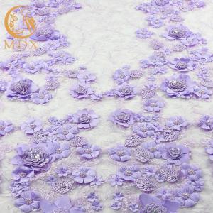 China Embroidered 3D Flower Lace Fabric / Purple Lace Material Polyester For Evening Dress factory